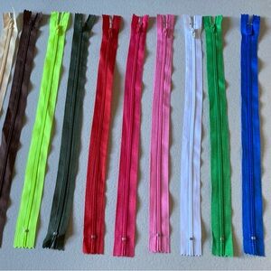 Lot 10 New Nylon Zippers 14” Long Assorted Colors Non Separating Sewing Crafts